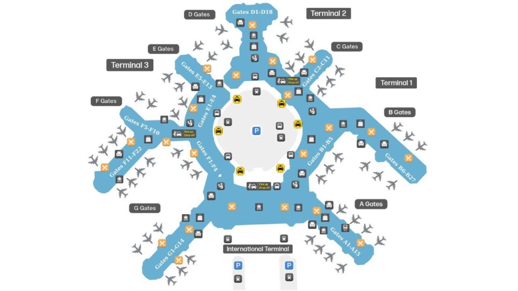 SFO Terminal Map showing Terminal 1, Terminal 2, Terminal 3, and the International Terminal
