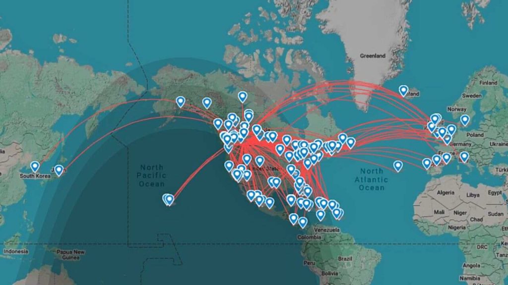 WestJet route map showing domestic and international destinations